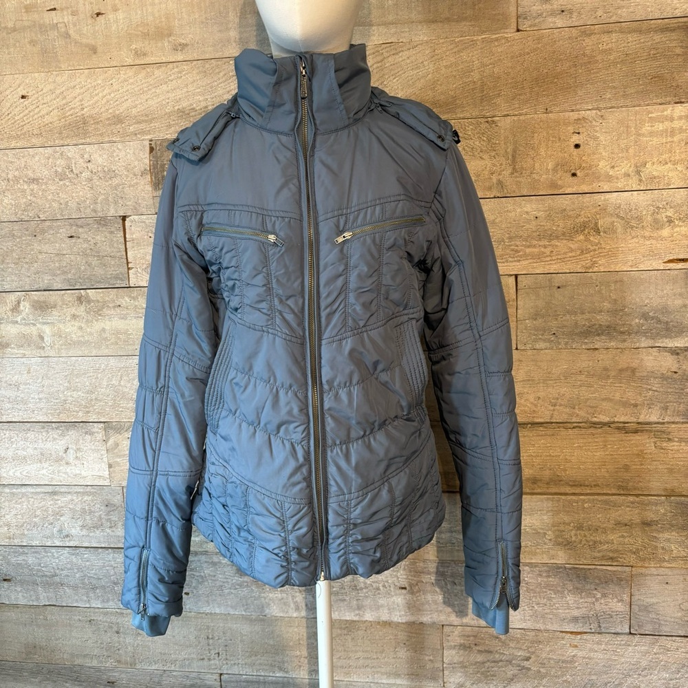 PrAna women’s blue lightweight hooded zip up insulated jacket in size large